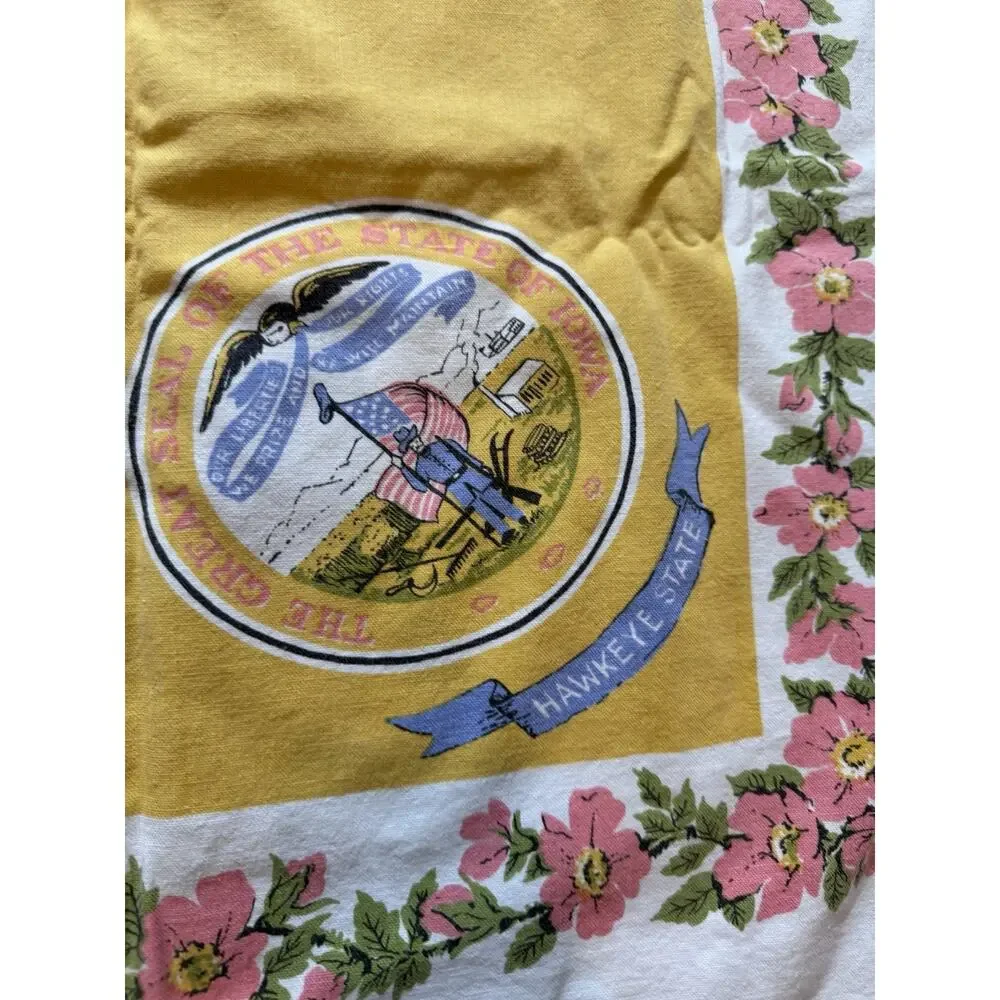 Vintage Iowa State Souvenir Tablecloth 44” Square Hawkeye State Map Cotton 60s